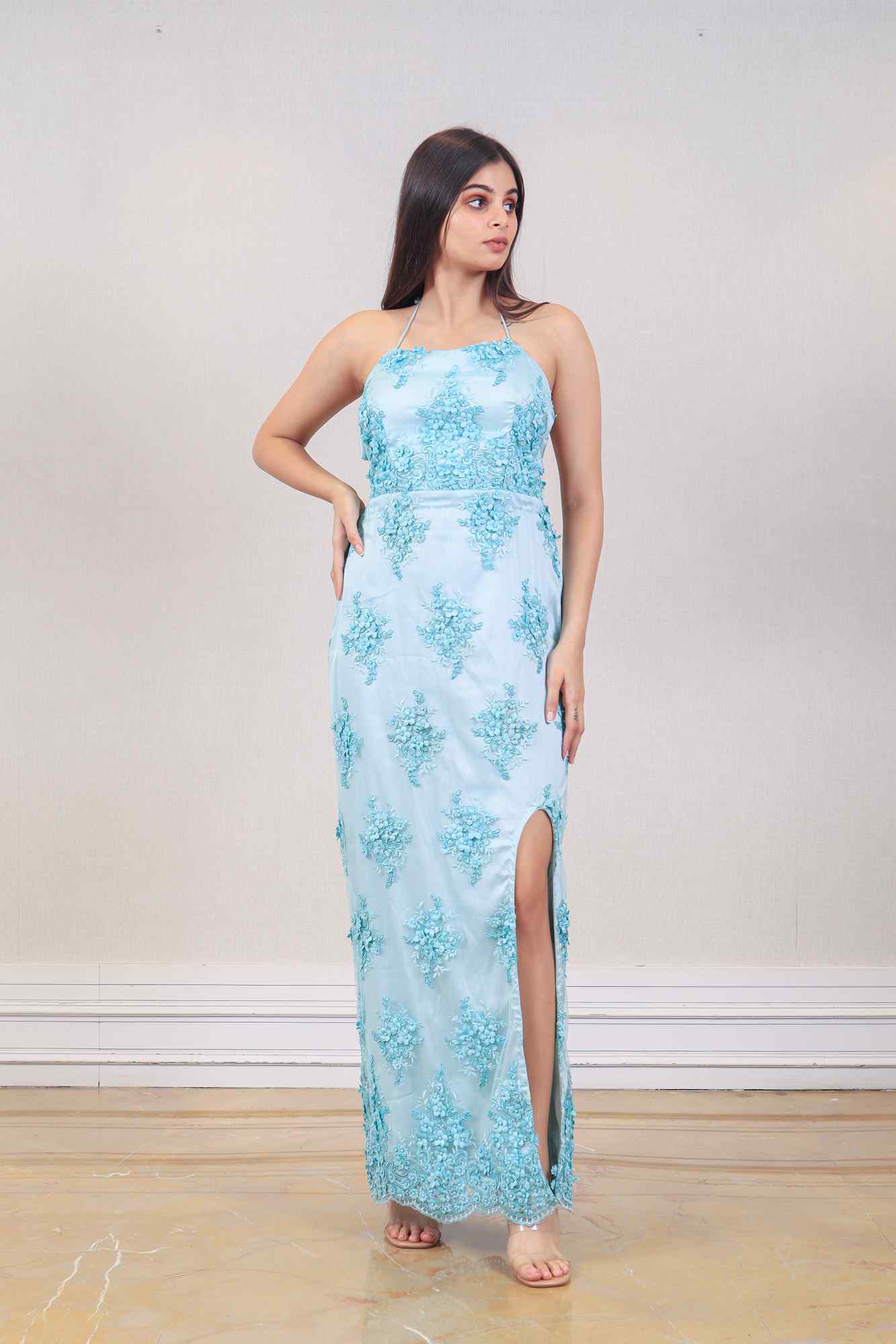 Pastel Blue Layered top flared gown – 101 Hues